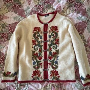 100% Wool Norweigan Embroidered Cream Sweater with Red Accents